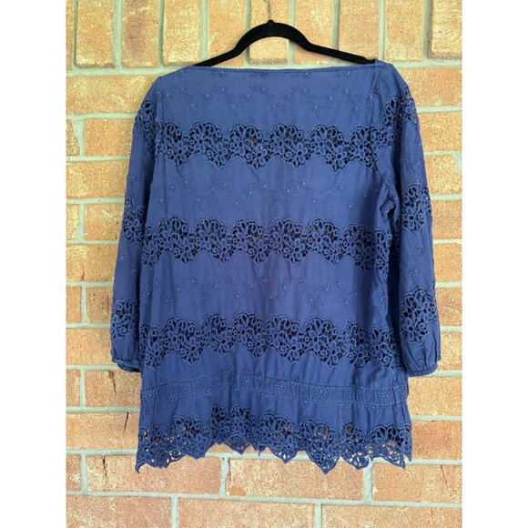 Anne Fontaine Evita Navy Blue Cotton Lace 3/4 Sleeve Blouse Embroidered Design - Picture 3 of 11